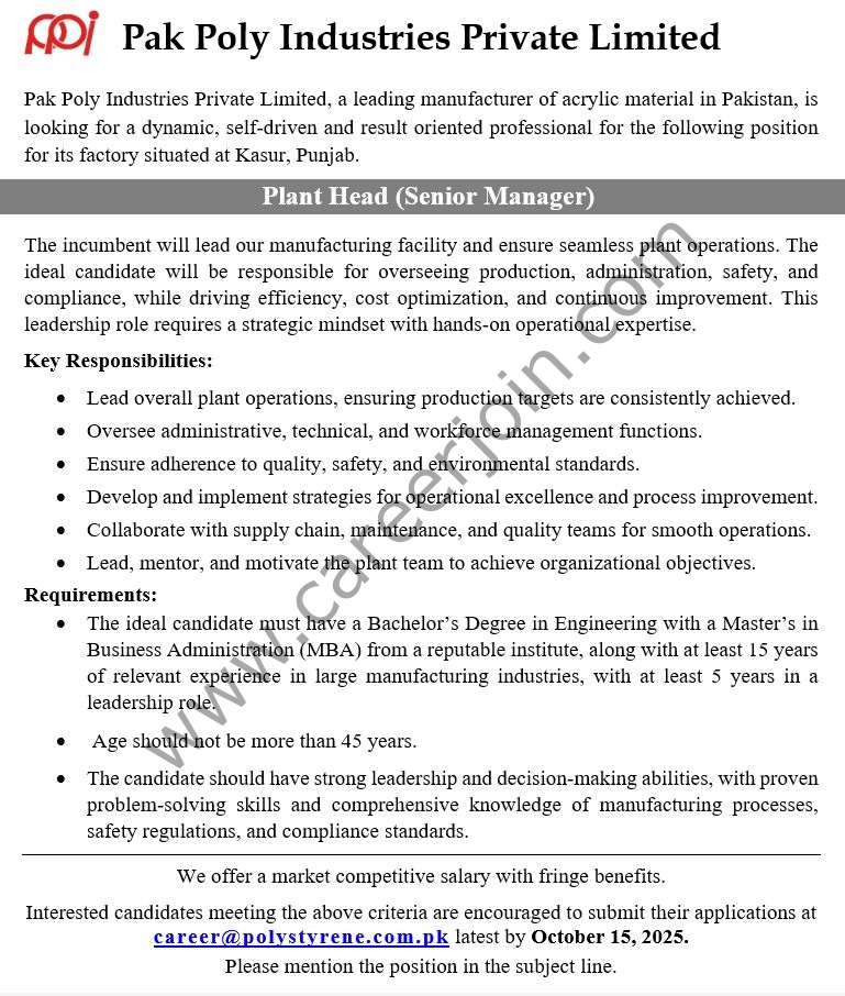 Pak Poly Industries Private Limited Jobs Plant Head (Senior Manager) 2 Pak Poly Industries